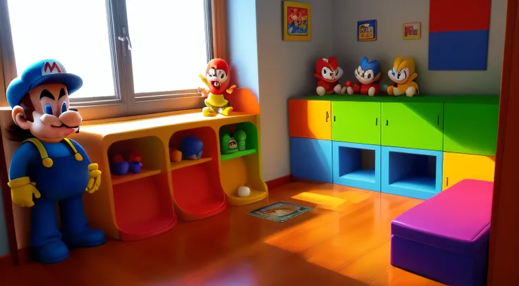 There is a room with lots of toys, um boneco do Mario Bros  em destaque, imagens de super herois na parede do quarto,  a child playing