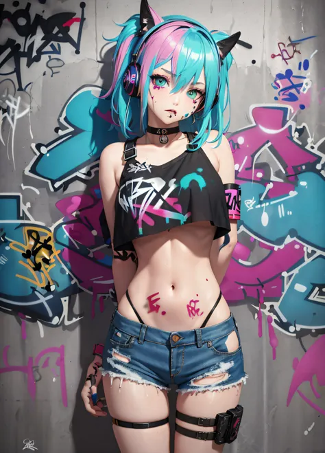 masterpiece, best quality, 1girl, solo, crop top, denim shorts, choker, (graffiti:1.5), paint splatter, arms behind back, against wall, looking at viewer, armband, thigh strap, paint on body, head tilt, bored, multicolored hair, aqua eyes, headset,