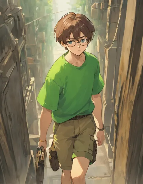 Male teen with brown hair and green eyes and glasses in casual green outfit with tan cargo shorts