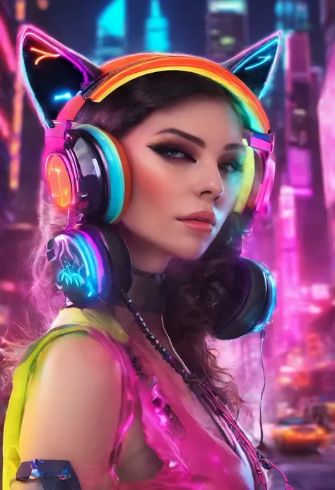 Cat Ear Headphones Black Parkerman Cyber Neon City Colorful Top Quality