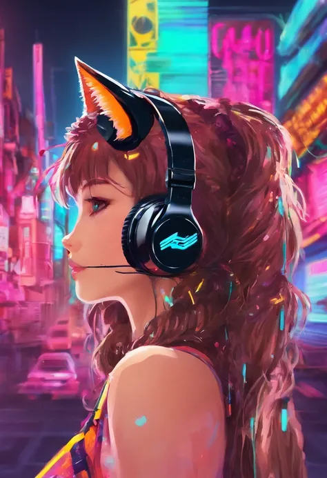 Cat Ear Headphones Black Parkerman Cyber Neon City Colorful Top Quality