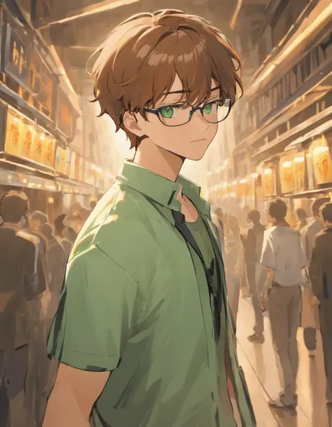 Male teen with brown hair and green eyes and glasses in casual outfit with white short sleeved jacket with tan cargo shorts