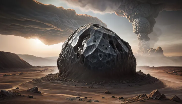 An enormous meteorite impact site, with the meteorite half-buried in the ground, surrounded by a desolate, ashy landscape, a thick dust cloud rising into the atmosphere, conveying the aftermath of the impact, Sculpture, life-sized metal sculpture with intr...