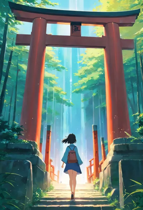 masterpiece, best quality, movie still, Footage of the main character passing through a mysterious torii gate