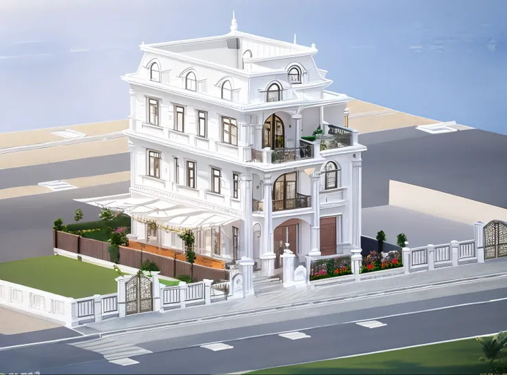 a drawing of a classic villa an extremely detailed building, highly detailed architecture, realistic architecture, realistic building, isometric perspective view, complete house, 3 d perspective, perspective view, architectural render, detailed architectur...