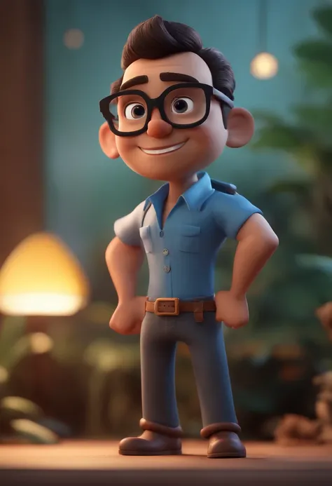 Cartoon character of a man with black glasses and a blue shirt, animation character, Caractere estilizado, animation style rendering, 3D estilizado, Arnold Maya render, 3 d render stylized, toon render keyshot, Personagem 3D, Personagem 3D, 3d rendering st...