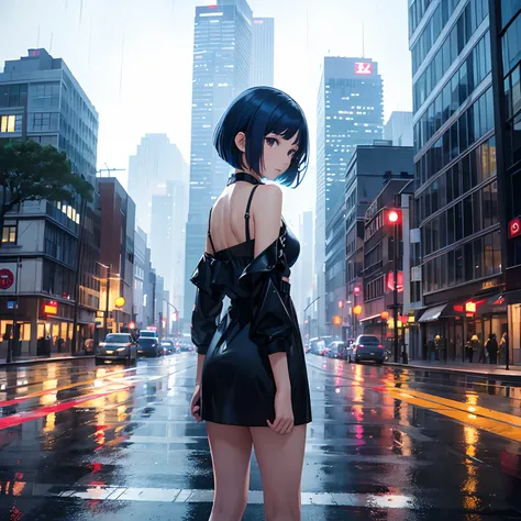 Solo girl, short hair, black shoulder off , blue hair, rain, City, Road reflection, 4k, high resolution, best quality, masterpiece