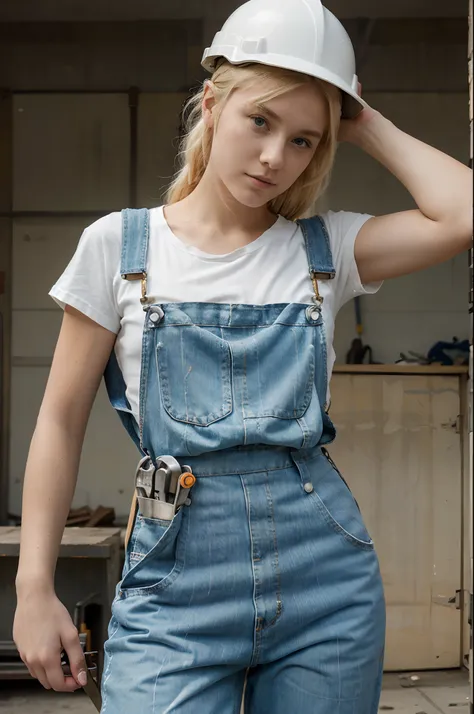 a beautiful young 20-year-old blond woman with pinned-up blond hair, He wears a white T-shirt and blue dungarees, Wearing a construction helmet and a tool belt, Hintergrund eine Baustelle