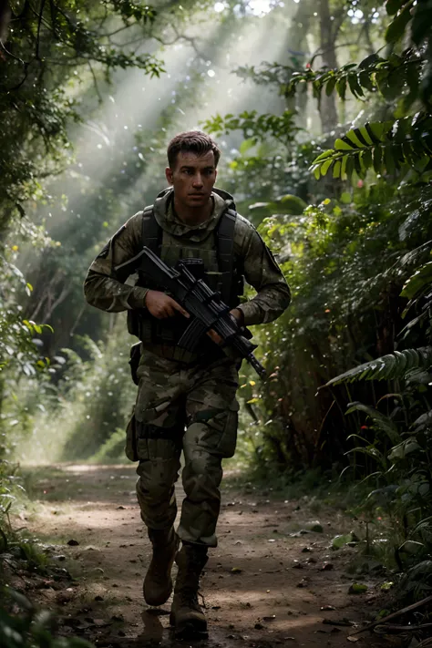 (best quality,4k,8k,highres,masterpiece:1.2),realistic,ultra-detailed,soldier running in the jungle,looking to the left nearby,green foliage,sunlight filtering through the trees,muddy ground, camouflage uniform, worn boots, intense atmosphere, tropical pla...