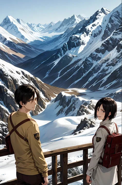 Attack on Titan anime, Eren Yeager and Mikasa, excellent quality, both standing at cabin wooden house on top of mountain and surrounded by more mountains. Nature. Both happy, smiling, hugging. good face, masterpiece, 2d, anime style drawing.  Wearing casua...