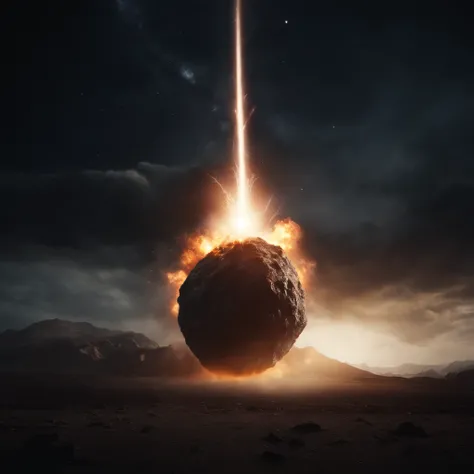 A huge meteor hitting the earth head-on, a surreal, apocalyptic scene with a dark, otherworldly atmosphere, using ray tracing and volumetric effects to create a hyper-realistic