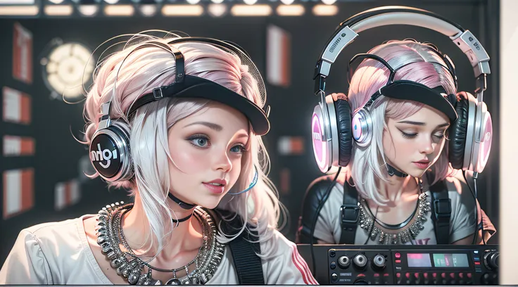 (ultra - detailed, 16K resolution, Cinema lenses，rendering by octane),A young chick woman，Has straight white and pink hair, Wearing silver DJ headphones, Shiny silver sequined T-shirt, (Iconic hip-hop pop costumes:1.3), Smile while DJing on stage.Stand in ...