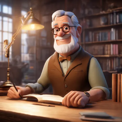 Crie um cartaz inspirado na Disney Pixar com o personagem sendo o pastor Rubens Janier, A gray-haired man wearing glasses, in an office with a Bible on the table, Looking forward and serious