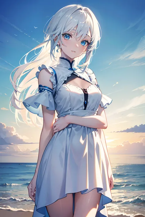 (best quality,4k,8k,highres,masterpiece:1.2),ultra-detailed,(realistic,photorealistic,photo-realistic:1.37),Anime girl with long flowing hair, [white hair], wearing a beautiful blue beach dress, standing on a sandy shore. Her [two different color eyes], wi...