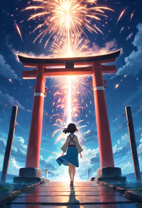 masterpiece, best quality, movie still, Footage of the main character passing through a mysterious torii gate a new world with ocean of cloud night sky and firework, shoot angle from ground