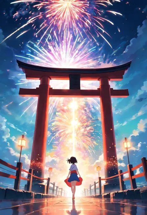 masterpiece, best quality, movie still, Footage of the main character passing through a mysterious torii gate a new world with ocean of cloud night sky and firework, shoot angle from ground