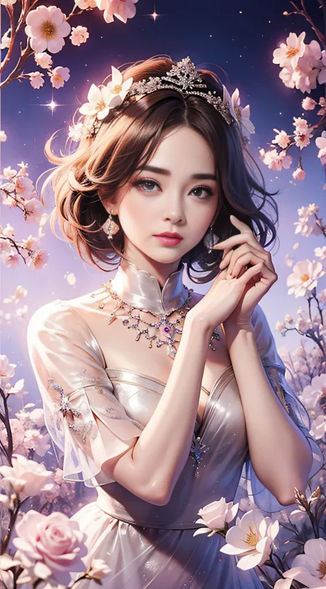 tmasterpiece，Highest high resolution，((themoon))，Dynamic bust of beautiful aristocratic maiden，Elegantly coiled brown chestnut hair，Purple clear eyes，The hair is covered with beautiful and delicate floral craftsmanship, Crystal jewelry filigree，Ultra-detai...