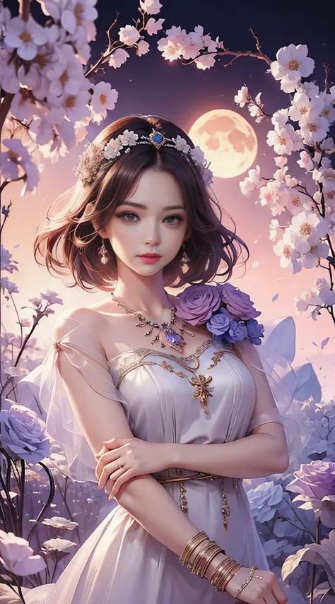 tmasterpiece，Highest high resolution，((themoon))，Dynamic bust of beautiful aristocratic maiden，Elegantly coiled brown chestnut hair，Purple clear eyes，The hair is covered with beautiful and delicate floral craftsmanship, Crystal jewelry filigree，Ultra-detai...