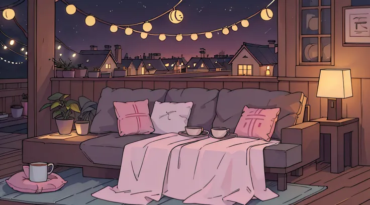 Rooftop at night、nighttime scene、outside of house、with no people、Calm and meditative atmosphere、houseplant、Lo-fi atmosphere、String Light、Cozy sofa、Pink radio with retro design、Hot coffee on the coffee table、Warm blanket、Scattered books、There is an acoustic...