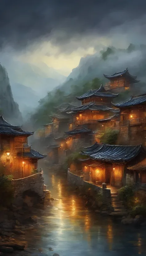 arafed view of a village with a lot of lights on the buildings, dreamy chinese town, chinese village, amazing wallpaper, japanese town, japanese village, hyper realistic photo of a town, old asian village, japanese city, by Raymond Han, rainy evening, cybe...