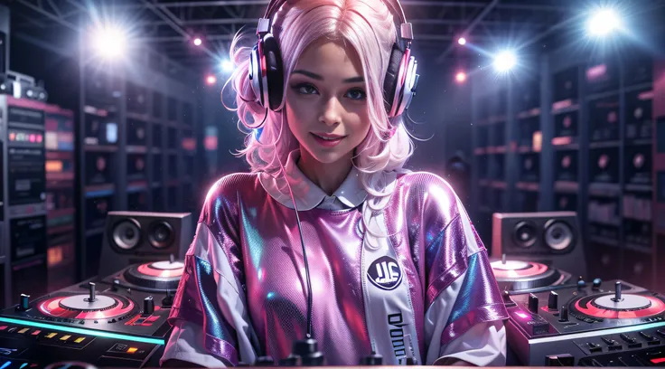 (ultra - detailed, 16K resolution, Cinema lenses，rendering by octane),A young chick woman，Has straight white and pink hair, Wearing silver DJ headphones, Shiny silver sequined T-shirt, (Iconic hip-hop pop costumes:1.3), Smile while DJing on stage.Stand in ...