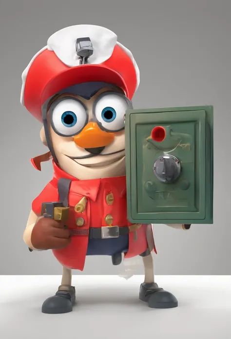 "Create an illustration of an anthropomorphic electrical outlet with an eye, dressed in a red outfit and military cap. Is holding an real firearm in a safe and playful manner. The illustration should be in Full HD, with a cinematic touch, and styled in the...