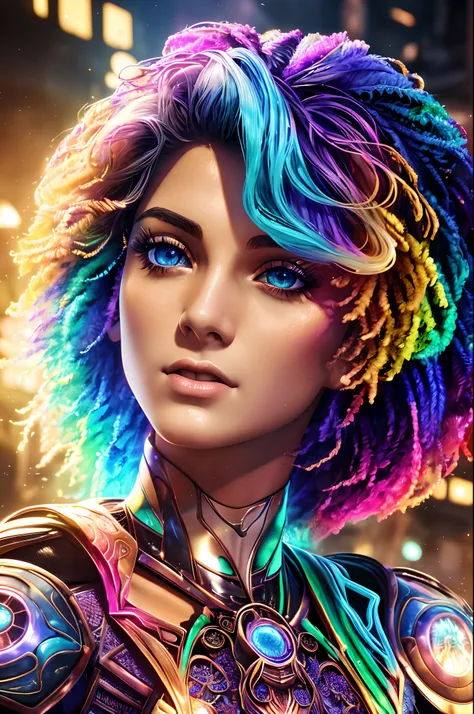 mulher negra 33anos ,[rainha_tatuagem], vivid colors, Atmospheric,sorrir, elegante, cabelo flamejante, flores florescendo, em movimento,Detailed medieval gothic portrait of cyberpunk style, futurista (Neon light: 1.1) Desgaste reflexivo, scientific fiction...