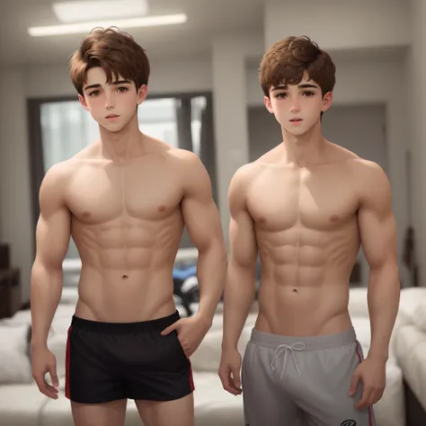 A boy with brown hair and brown eyes, atletic body, sin camisa