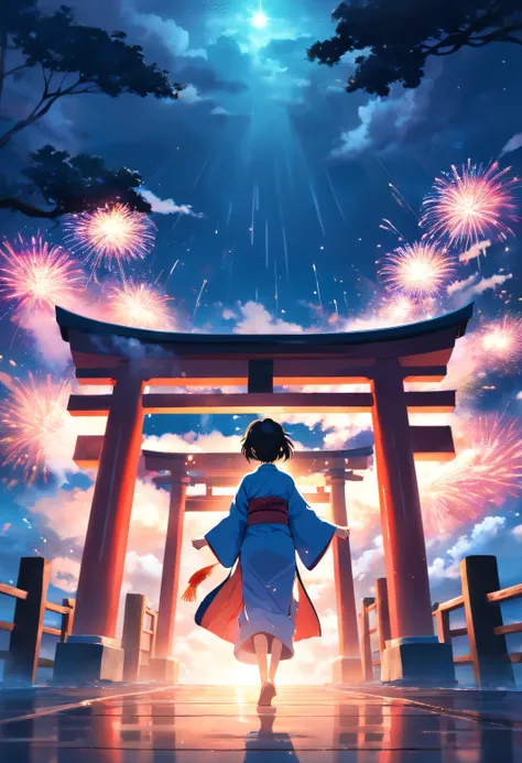 masterpiece, best quality, movie still, Footage of 3 main character wearing kimono passing through a mysterious torii gate a new world with ocean of cloud night sky and firework, shoot angle from ground