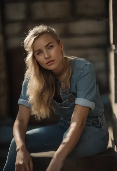 a beautiful young 20-year-old blond woman with pinned-up blond hair, He wears a white T-shirt and blue dungarees, Wearing a construction helmet and a tool belt, Hintergrund eine Baustelle