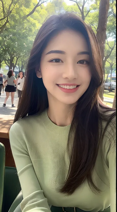 ((Best Quality, 8K, Masterpiece: 1.3)), Upper Body (1.3), Huge (5), Transparent, Outstanding Style, Gentle Face, Parallel Eyebrows, Smile, Natural Makeup, Accented Clothes, Refreshing, Lunch in a Café in the Sun, Walk Through the Trees of the City