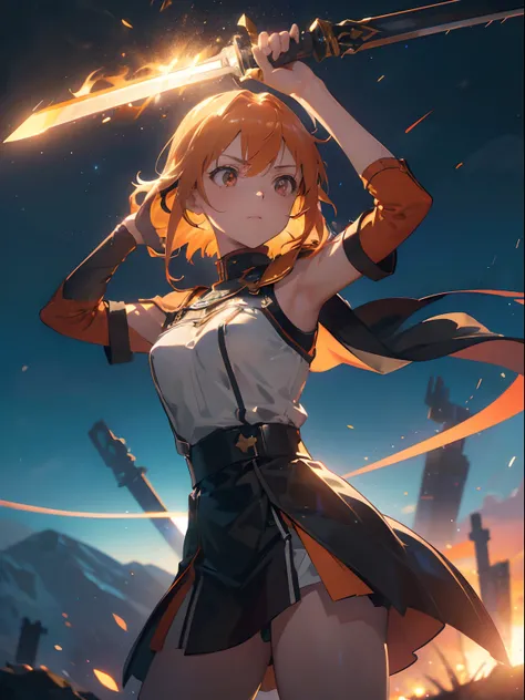 asunayuuki, orange color hair，With two swords, White combat uniform, Sword Art Online Arisesion, Red strokes that simulate the speed of the character, Battle Mode, (Ultra-realistic), {extremely detailed 8k CG unit wallpaper}, Vast landscape photos, (A cent...