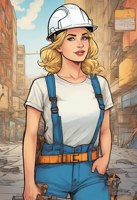 a beautiful young 20-year-old blond woman with pinned-up blond hair, He wears a white T-shirt and blue dungarees, Wearing a construction helmet and a tool belt, Hintergrund eine Baustelle