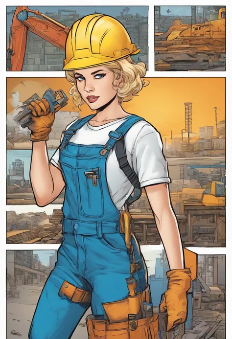 a beautiful young 20-year-old blond woman with pinned-up blond hair, He wears a white T-shirt and blue dungarees, Wearing a construction helmet and a tool belt, Hintergrund eine Baustelle