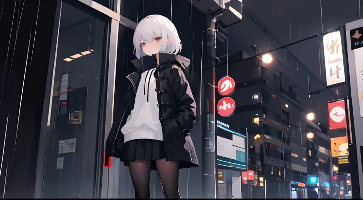 1girll,Night City,rain,Coat,Hands in pockets，black short skirt，Dark black pantyhose，Black casual shoes, skirt lift by yourself, White underwear, Cute white panties, spread, Carmelto of underwear,