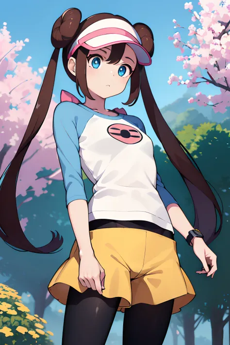 masutepiece、Best Quality、hight resolution、1girl in、Short stature、A slender、RO1, Hair bun, Blue eyes, long twintail, Visor Cap, pantyhose, raglan sleeves, Yellow shorts,The shirt, pink bows, wrist watch、plein air、is standing、erect through、Photo of the subje...