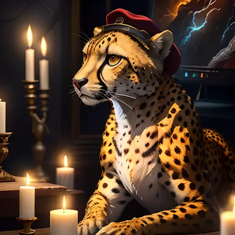 cheetah wearing a hat and holding a pot with a candle in it, computer graphics, by Slawomir Maniak, featured on cgsociety, oil painting on canvas, portrait, ultra intricately detailed, fantasy art, mystical, unreal engine 5, quantum wavetracing, picture ba...