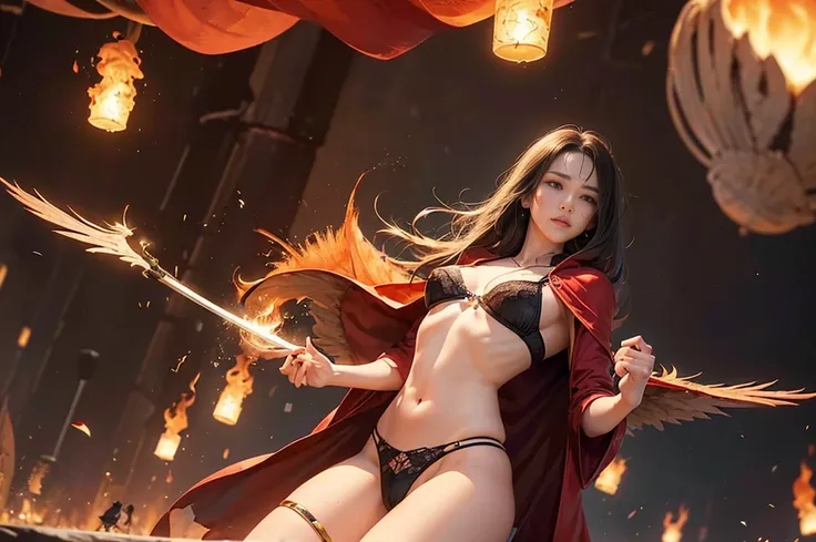 ((femele、Amazing magic、Casting Great Magic、Ring of Fire、battleing、flaming katana、You may wear a cloak with flames on it、Six wings of flame to the left、Six flame wings on the right、In flames、There is no flame on the left nipple、Wasteland、Dining hall, Super ...