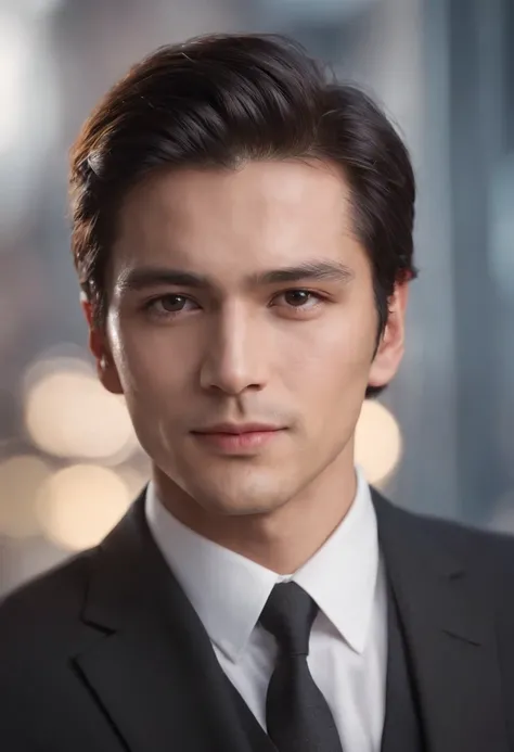 Up、Make a handsome man in his 30s in a black suit and tie, long dark hair, Stylish and elegant, (hightquality, Realistic images), Dark black and light on image background, Film Style, ((top-quality, 8K, ​masterpiece), ultra hi definition photo, (beautiful ...