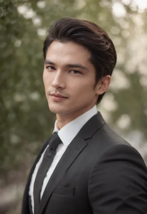 Up、Make a handsome man in his 30s in a black suit and tie, long dark hair, Stylish and elegant, (hightquality, Realistic images), Dark black and light on image background, Film Style, ((top-quality, 8K, ​masterpiece), ultra hi definition photo, (beautiful ...