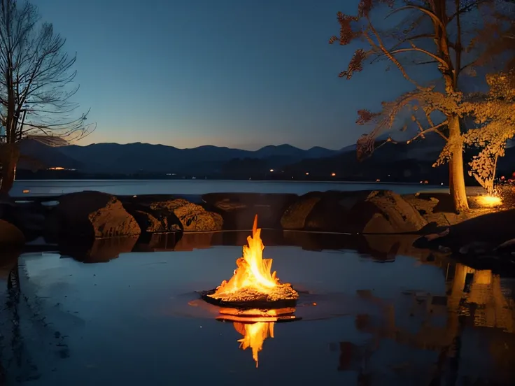 A flame that burns in water , Fire reflection, Burning water, fire and water, bathed in the the glow of a fire, fire lit, Winter solstice fire, serene evening atmosphere, beautiful fire, luminous fire halo, fiery flames, Warm and calm, summer setting, Soli...