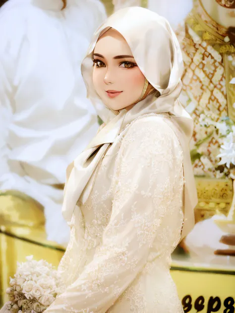 araffe woman in a white dress and a man in a white shirt, white hijab, hijab, bride, by basuki abdullah, beautiful arab woman, w...