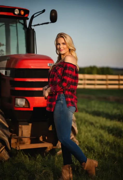 A beautiful young 20-year-old blonde woman with layered straight blond hair wears a plaid flannel shirt with rolled-up sleeves and jeans, sie sitzt auf einem Traktor im Hintergrund befindet sich eine Farm, es ist herrlicher Sonnenuntergang