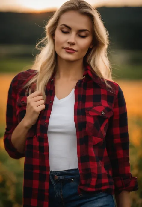 A beautiful young 20-year-old blonde woman with layered straight blond hair wears a plaid flannel shirt with rolled-up sleeves and jeans, sie sitzt auf einem Traktor im Hintergrund befindet sich eine Farm, es ist herrlicher Sonnenuntergang