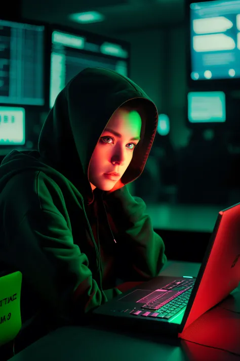 A woman whose face is unrecognizable because he is wearing a hoodie, she is sitting in front of a table on which a PC and a laptop can be seen, her hands are on the keyboard. The background consists of green numbers like the matrix that look like computer ...