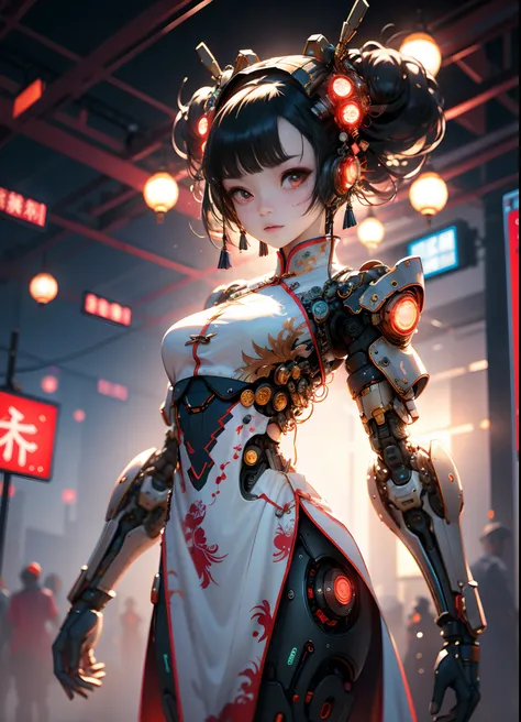 A girl, full body, clear facial features, amazing facial features, beautiful eyes, ancient Chinese costumes, Chinese cyberpunk, cyberpunk city headwear, hair accessories, super complex design, mechanical mecha, technology, stunning lighting, C4D, OC render...