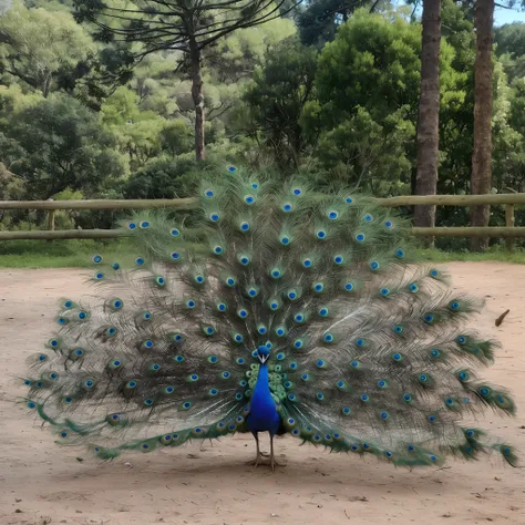 Peacock with blue feathers standing on land area next to trees, peacock in the desert, peacock, 9 peacock tails, bonito e gracioso, 9 brilliant peacock tails, plumagem colorida, peacock feathers, asas enormes de penas, fazendo uma pose elegante, fazendo um...