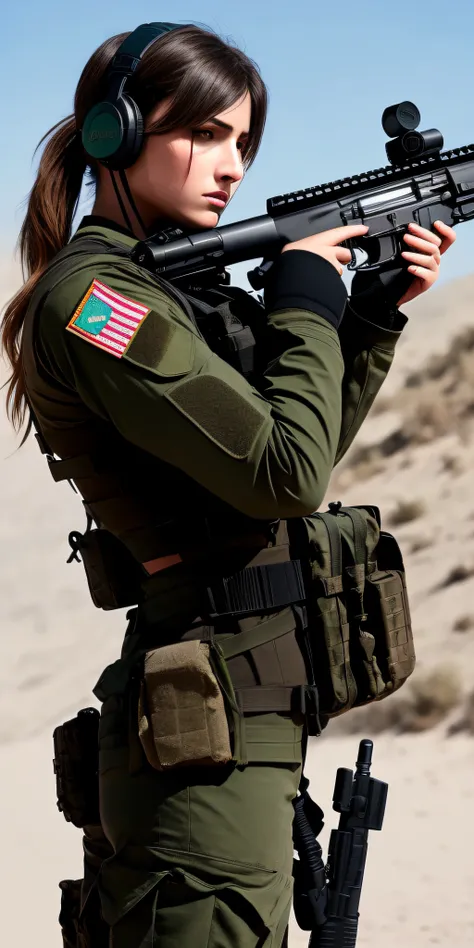 a woman in a black outfit holding a rifle and wearing headphones, soldier girl, mechanized soldier girl, military girl, beautiful female soldier, female lead character, infantry girl, of a sniper girl in war, solo female character, future combat gear, clos...