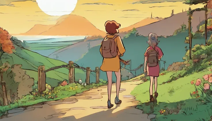 Two men and two women wandering the hills listening to music. The hours are from 6 p.m. to midnight, The art style is that of Ghibli Studios