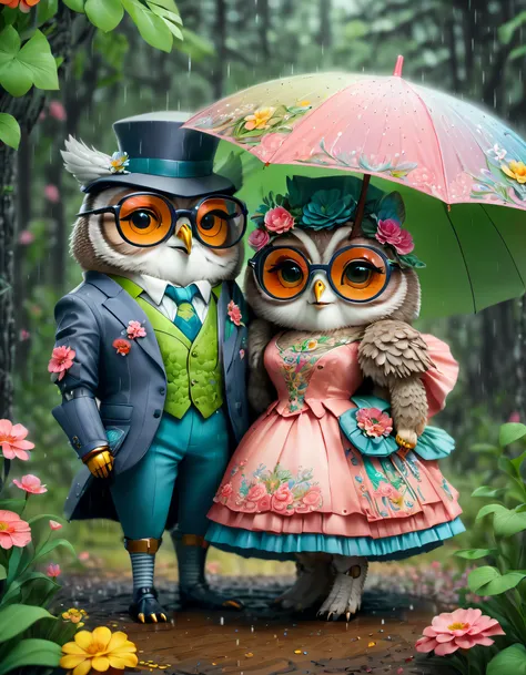 (Draw a pair of colorful Mr. and Mrs. Owl under a large umbrella with flowers）, （ The gentleman wears a suit and big glasses:1.1），（The wife was wearing a skirt：1.1)，，Anthropomorphic background：（In the rainy forest:1.1）， （It was raining heavily）Cute detaile...